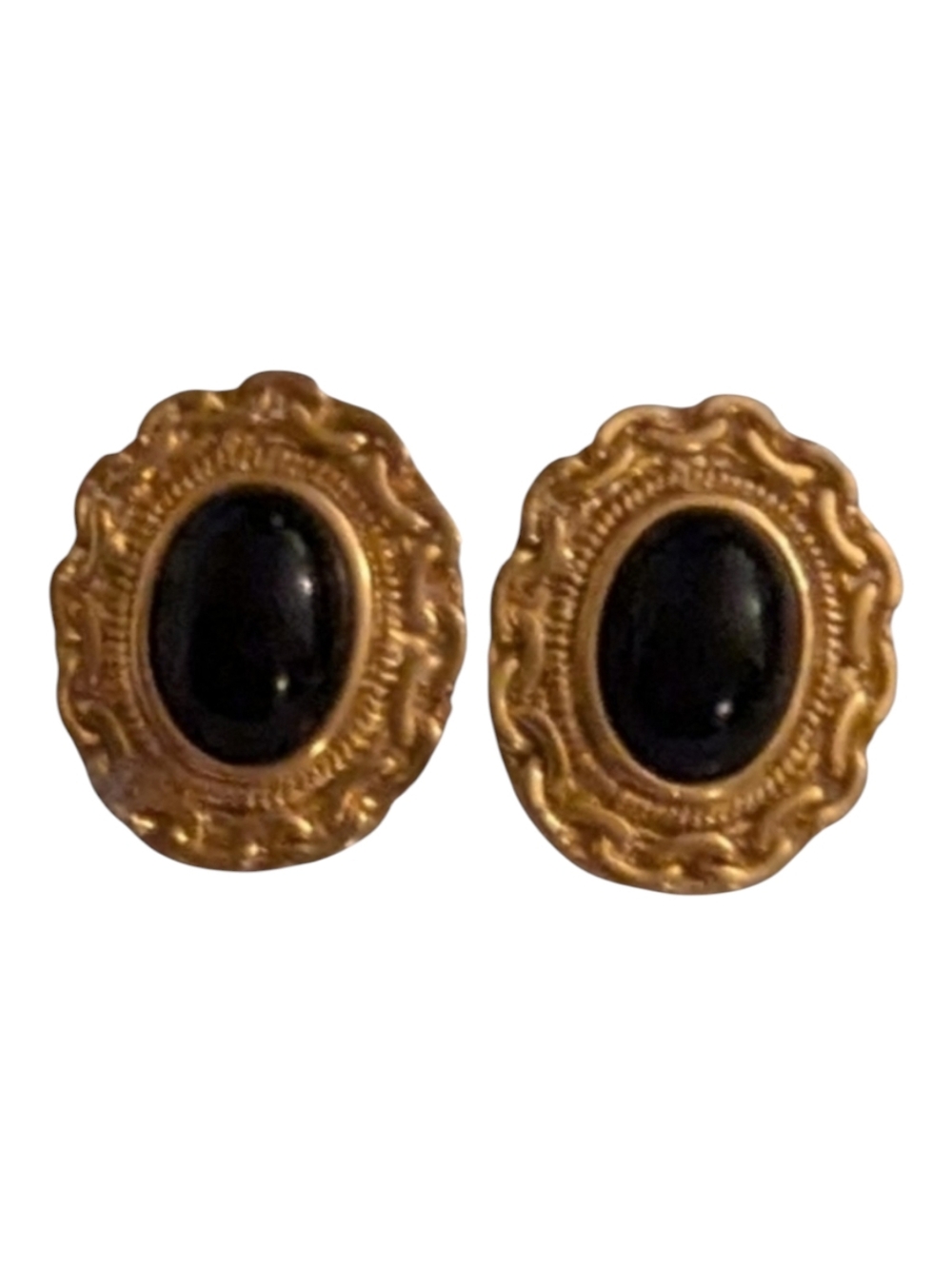 Vintage 80s Gold Tone and Black Oval Earrings with Elegant Rope Decoration